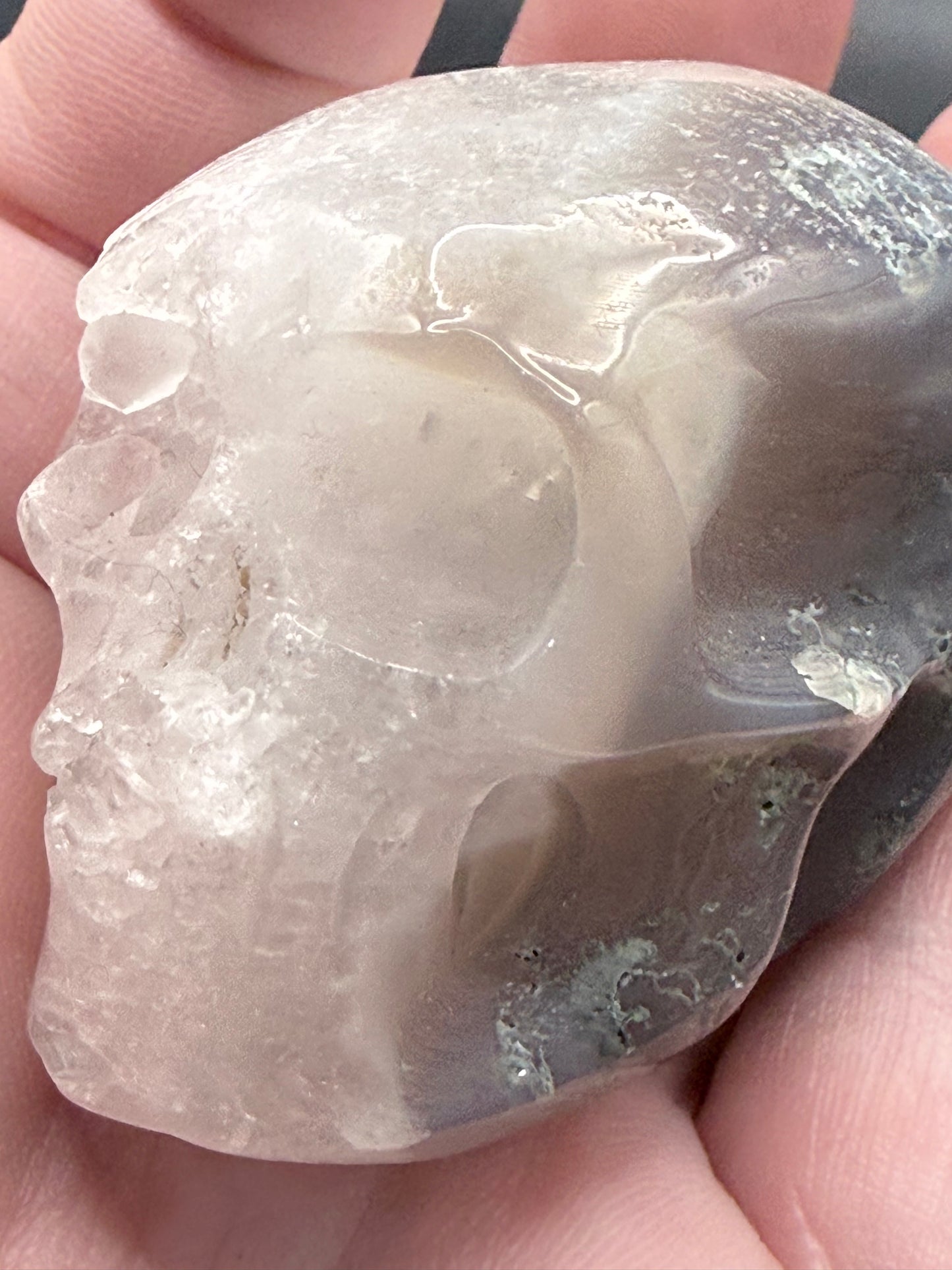 Moss Agate with Quartz Skull Carving – 120g | 5.5 × 5cm
