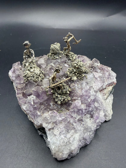 Amethyst Cluster with Pyrite Miner Figures – Collector Specimen
