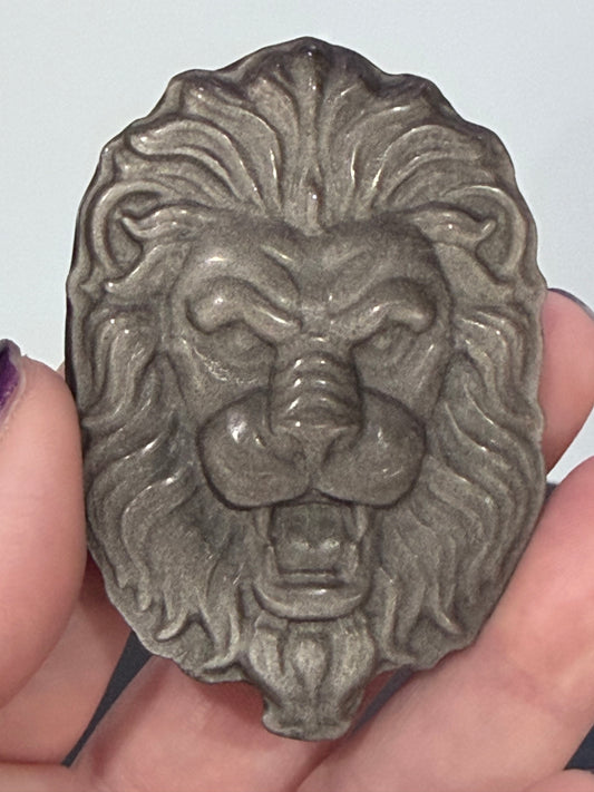 Silver Sheen Obsidian Lion Head Carving – 6.5cm