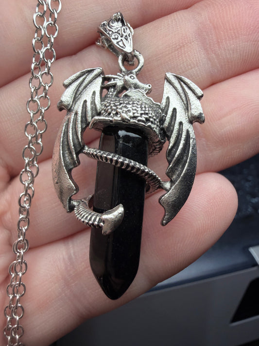 Dragon Protection Pendant – Black Obsidian Necklace (50cm Chain)