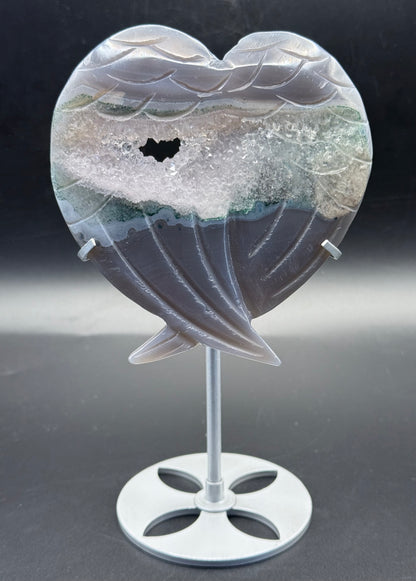 Stunning Agate Druzy Heart with Carved Feathers