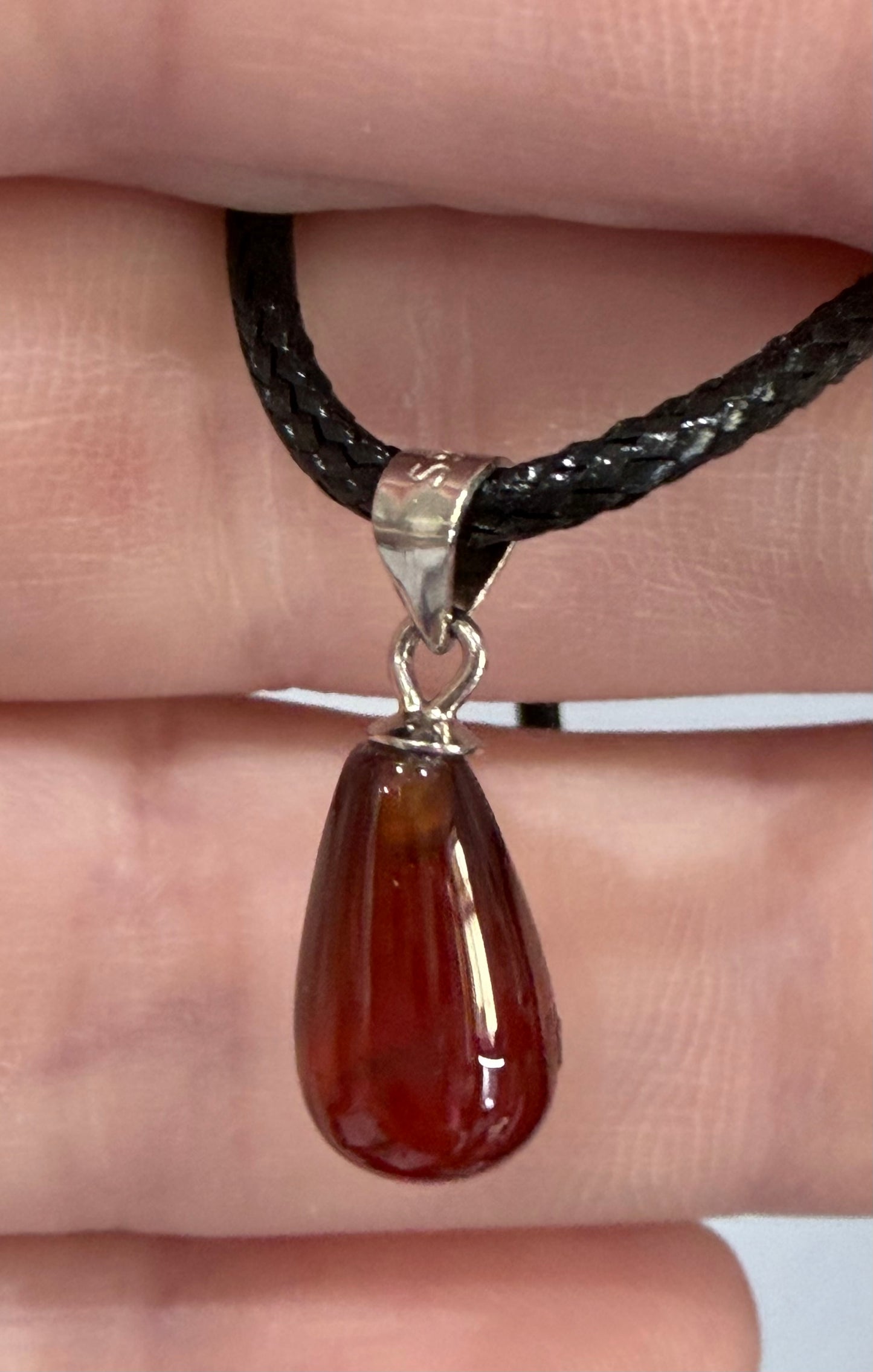 Carnelian Teardrop Pendant with 925 Bail & Black Cord (1.4cm)