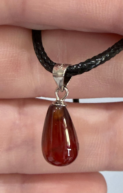 Carnelian Teardrop Pendant with 925 Bail & Black Cord (1.4cm)