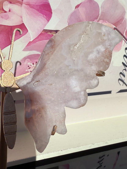 Flower Agate Butterfly on Gold Stand