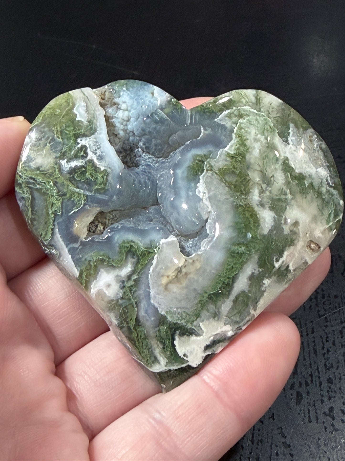 Natural Moss Agate Druzy Heart – Crystal Heart with Druzy Pocket | 6.3 x 5.8 cm | 78g C