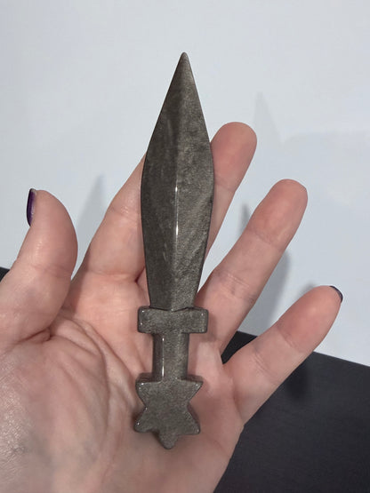Silver Sheen Obsidian Dagger with Star Pommel – 13.5 cm