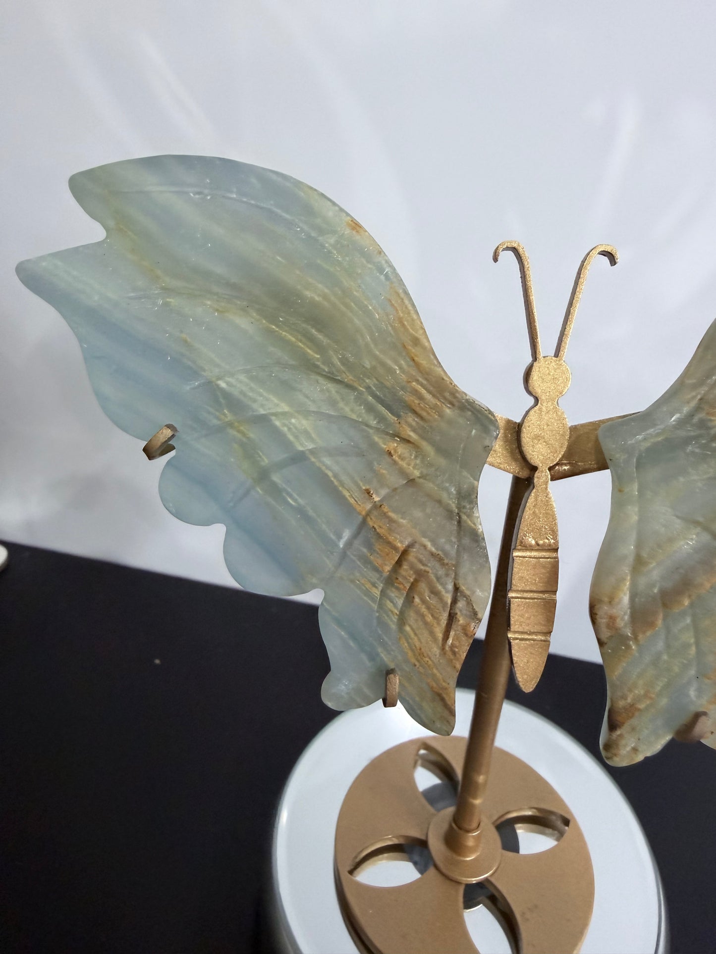 Blue Onyx (Banded Calcite) Butterfly Crystal Display on Stand – 16 cm