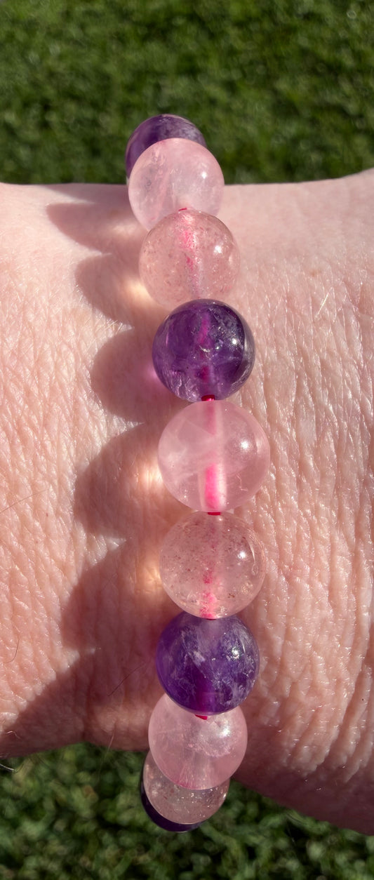 Crystal Harmony Bracelet – Amethyst, Rose Quartz & Strawberry Quartz