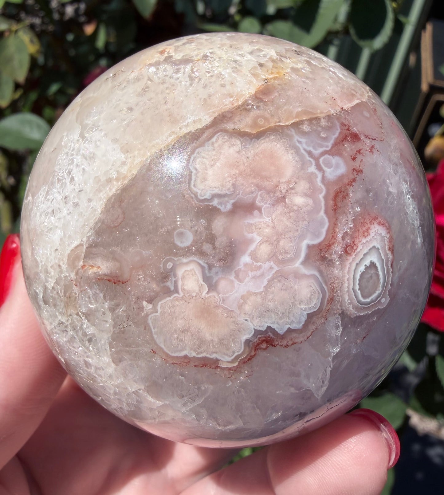 Premium Flower Agate Sphere with Druzy & Crystal Garden – 7 cm | 445g