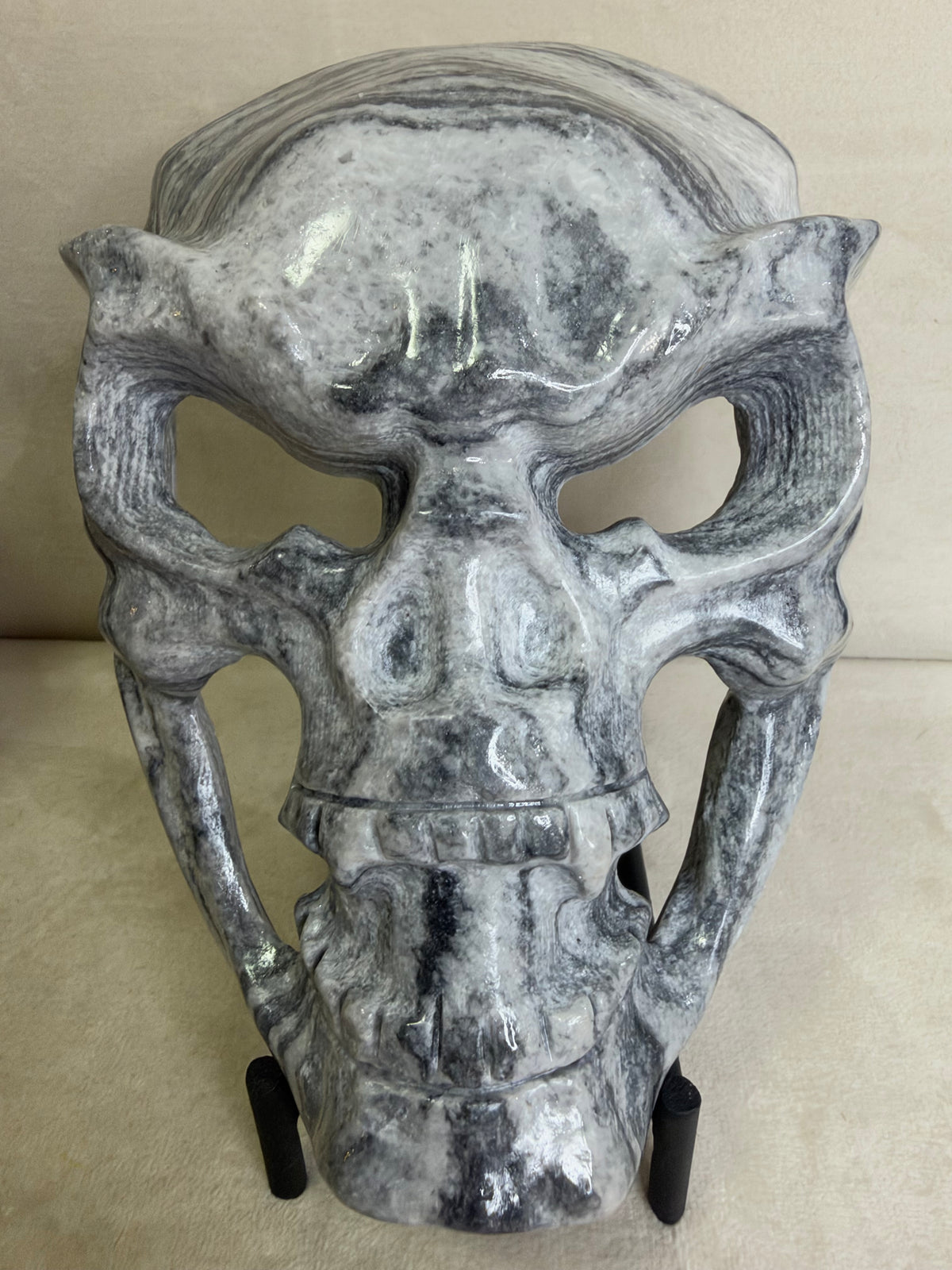 Black Crazy Lace Stone Skull Mask with Stand – 14.5 cm