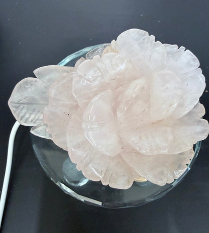 Rose Quartz Rose Carving with Light Base – 10 × 8 cm | 242g
