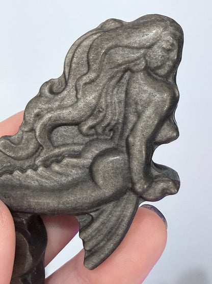 Silver Sheen Obsidian Mermaid Carving 8.7cm