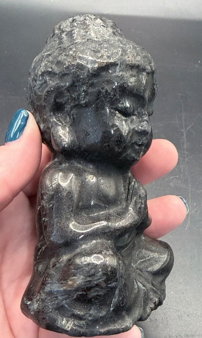 Black Obsidian Buddha Carving – 12 × 6.5 cm (555 g)