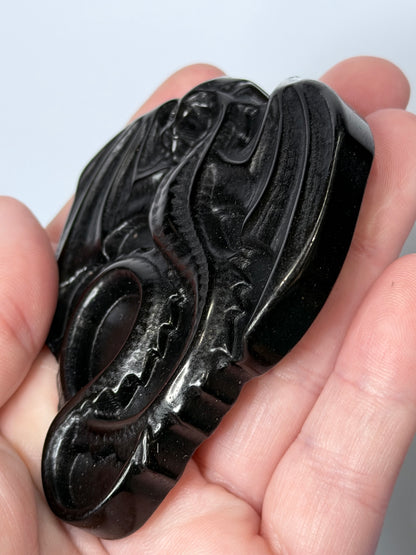 Black Obsidian Dragon Carving with Acrylic Stand – 8cm