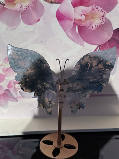 Moss Agate Butterfly On Gold Stand