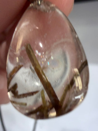 Green Tourmaline in Quartz Pendant with 925 Bail & Cord (2.2cm)