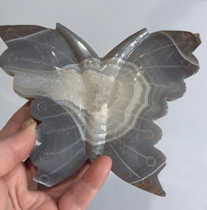 Agate Druzy Butterfly Carving with Metal Zodiac Stand – 15cm
