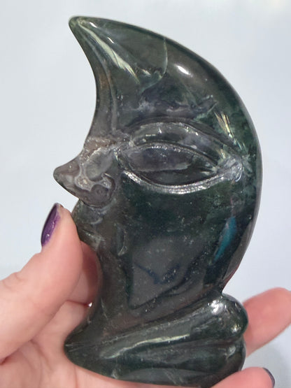 Moss Agate Moon Face Carving – 12cm