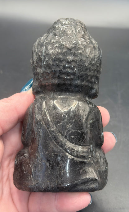 Black Obsidian Buddha Carving – 12 × 6.5 cm (555 g)