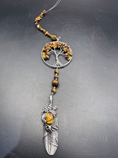 Tiger’s Eye Tree of Life with Feather Hanging Crystal