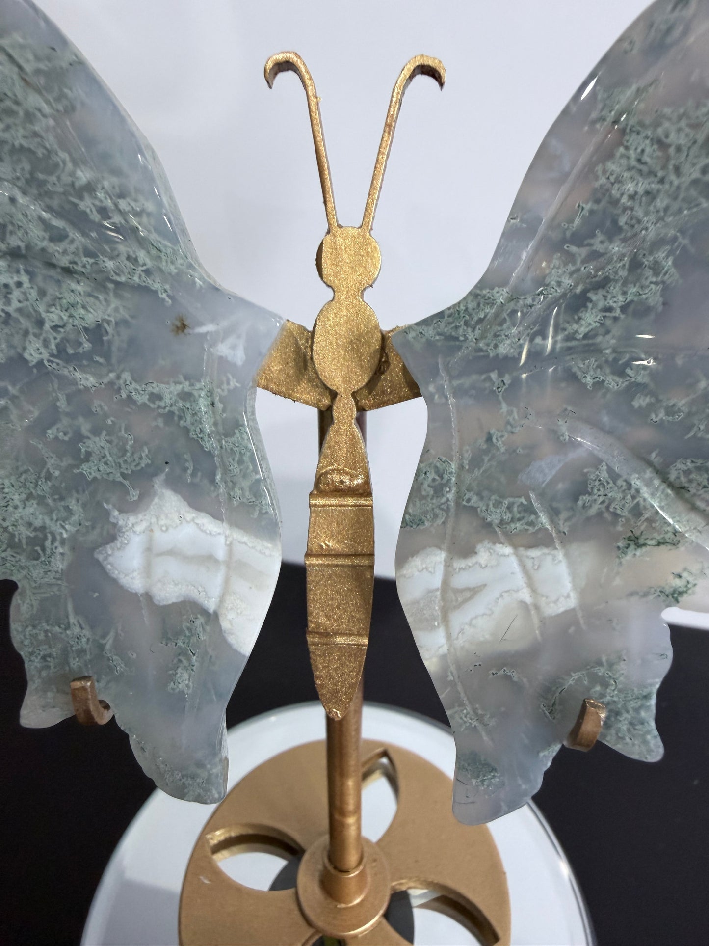 Moss Agate Butterfly Crystal Display on Stand – 16 cm