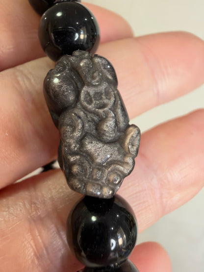 8mm Black Obsidian Bracelet with Silver Sheen Obsidian Pixiu