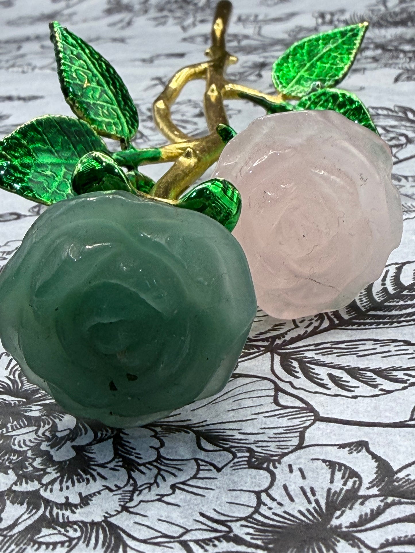 Rose Quartz & Green Aventurine Crystal Double Rose Stem (20cm)