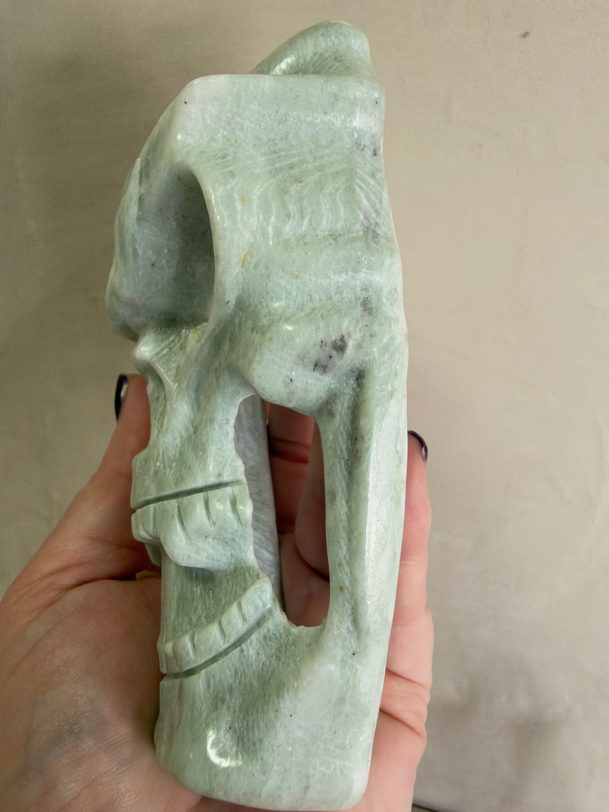 Serpentine Skull Mask Carving with Stand – 14.5 cm