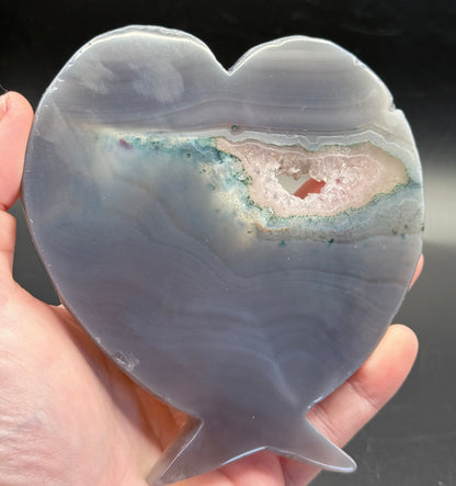 Stunning Agate Druzy Heart with Carved Feathers