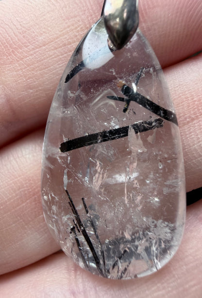 Black Tourmaline in Quartz Pendant with 925 Bail & Black Cord (3.4cm)