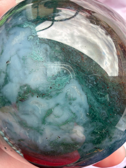Moss Agate Sphere 7.8cm (658g) | Green & White with Red Inclusion
