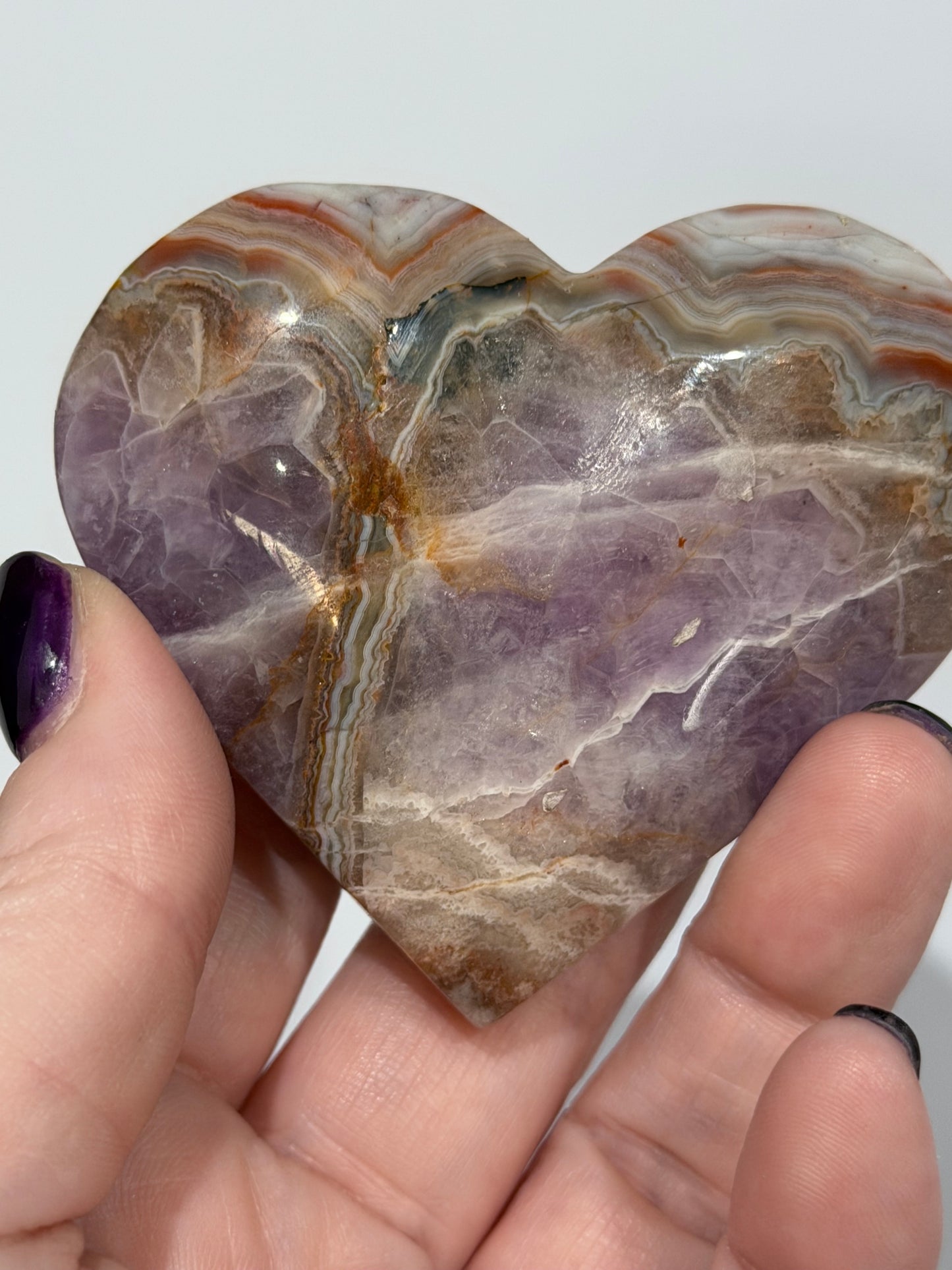 Amethyst & Agate Banded Heart – Free-Standing | 7.4 × 6.8 cm | 150 g B