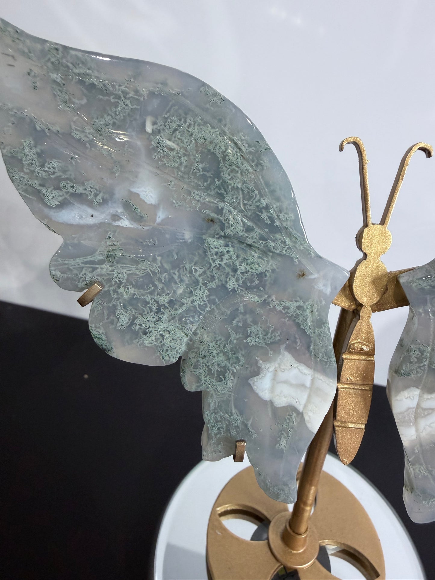 Moss Agate Butterfly Crystal Display on Stand – 16 cm