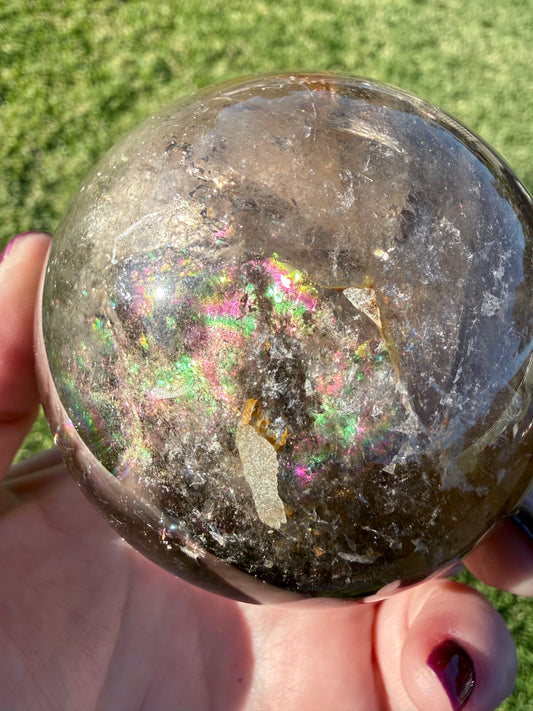 Smoky Quartz Rainbow Sphere with Golden Inclusions