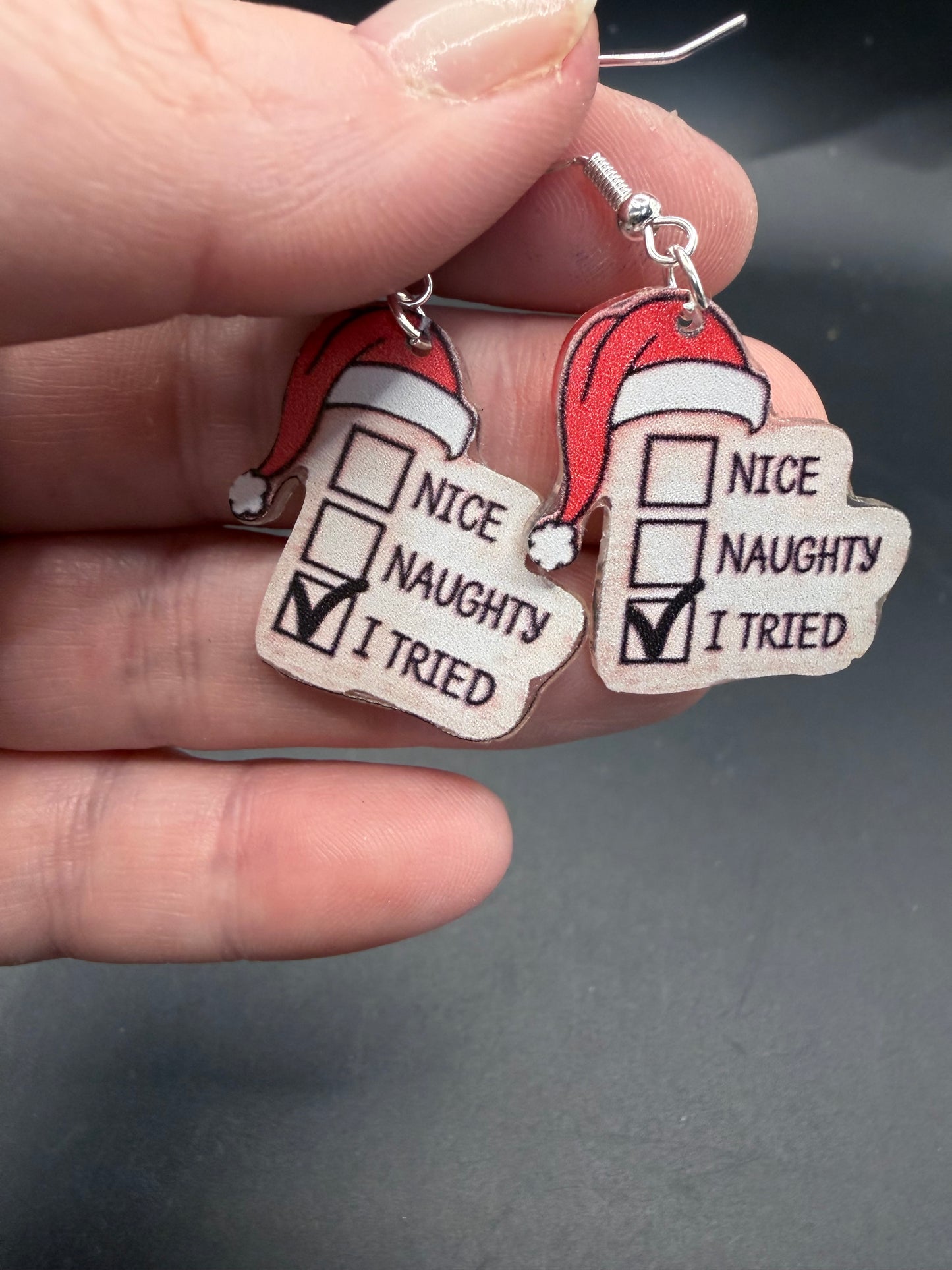 “I Tried” Christmas Earrings – Santa Hat Design