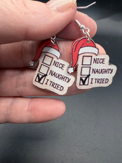 “I Tried” Christmas Earrings – Santa Hat Design