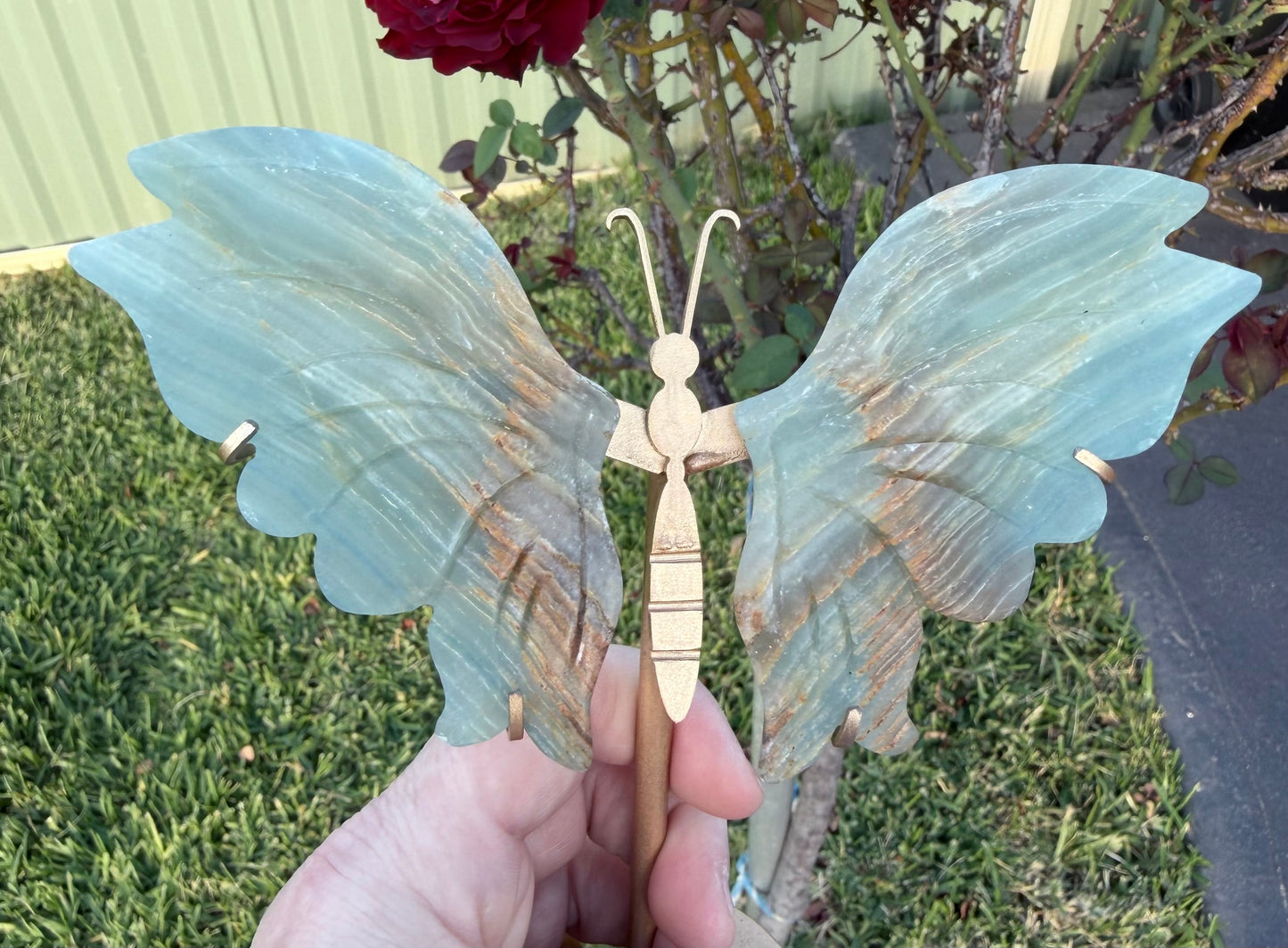 Blue Onyx (Banded Calcite) Butterfly Crystal Display on Stand – 16 cm