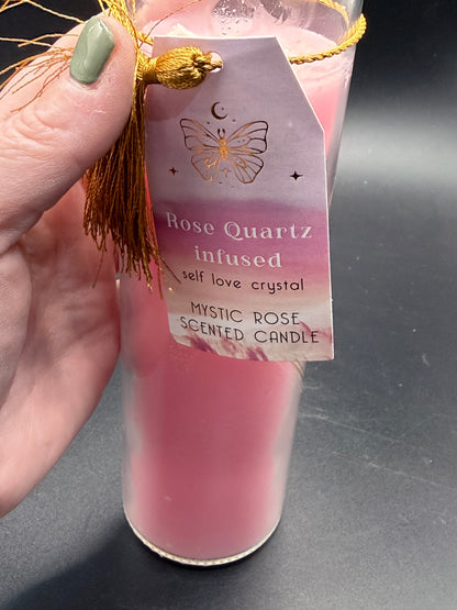Mystic Rose Tube Candle with Rose Quartz Crystals