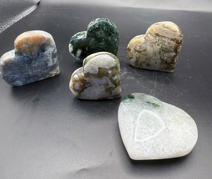 Moss Agate 6cm Free Standing Heart