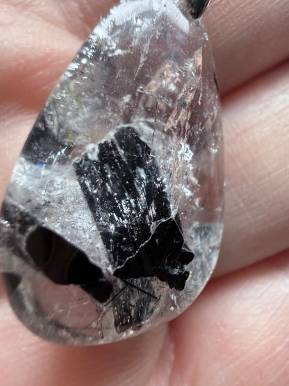Black Tourmaline in Quartz Pendant with 925 Bail & Black Cord (3cm)