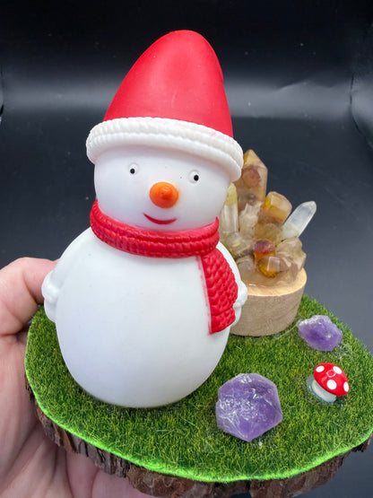 Snowman Christmas Lamp with Golden Healer Crystal Cluster
