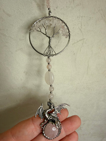 Rose Quartz Tree of Life & Dragon Wall Hanging – 30cm