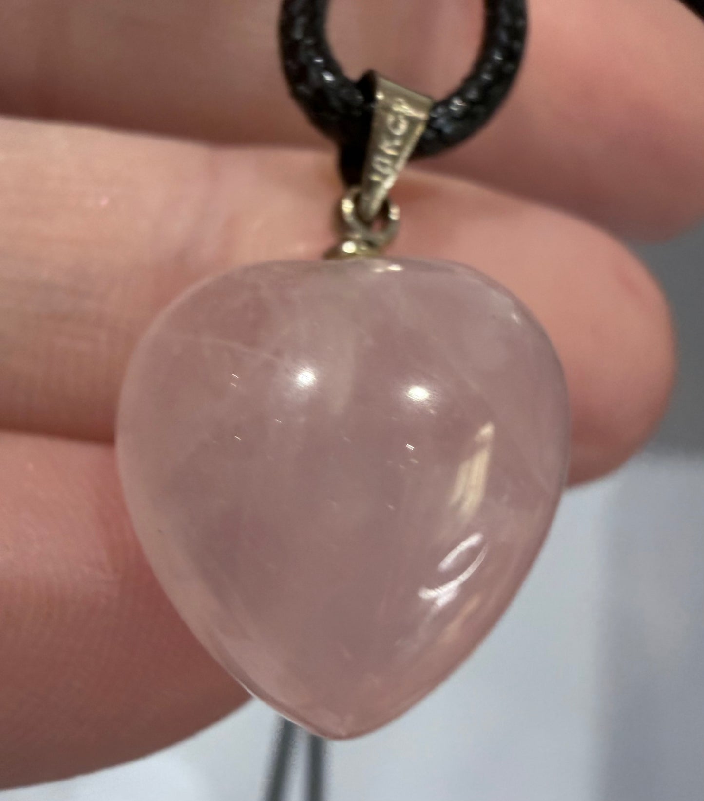 Rose Quartz Love Heart Pendant with 925 Silver Bail & Black Cord (1.7cm)