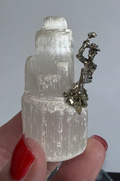 Pyrite Miner on Selenite – 6cm