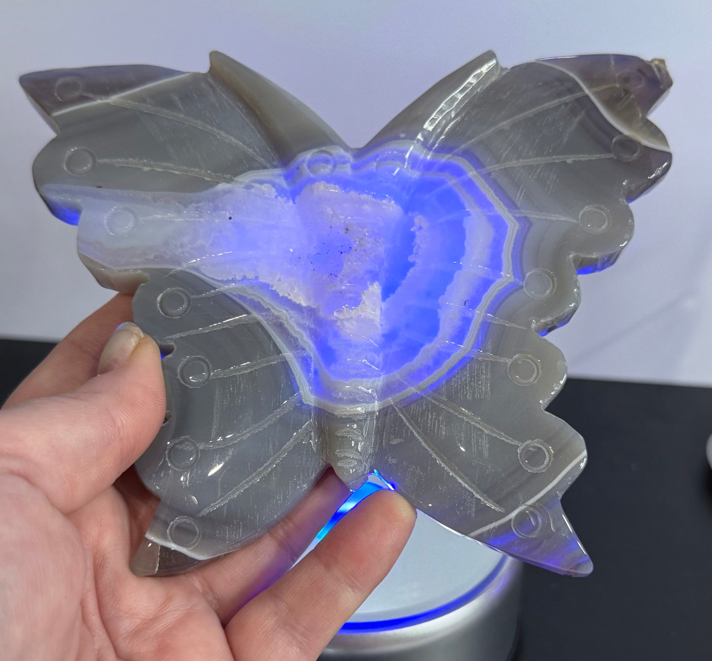 Agate Druzy Butterfly Carving with Metal Zodiac Stand – 15cm