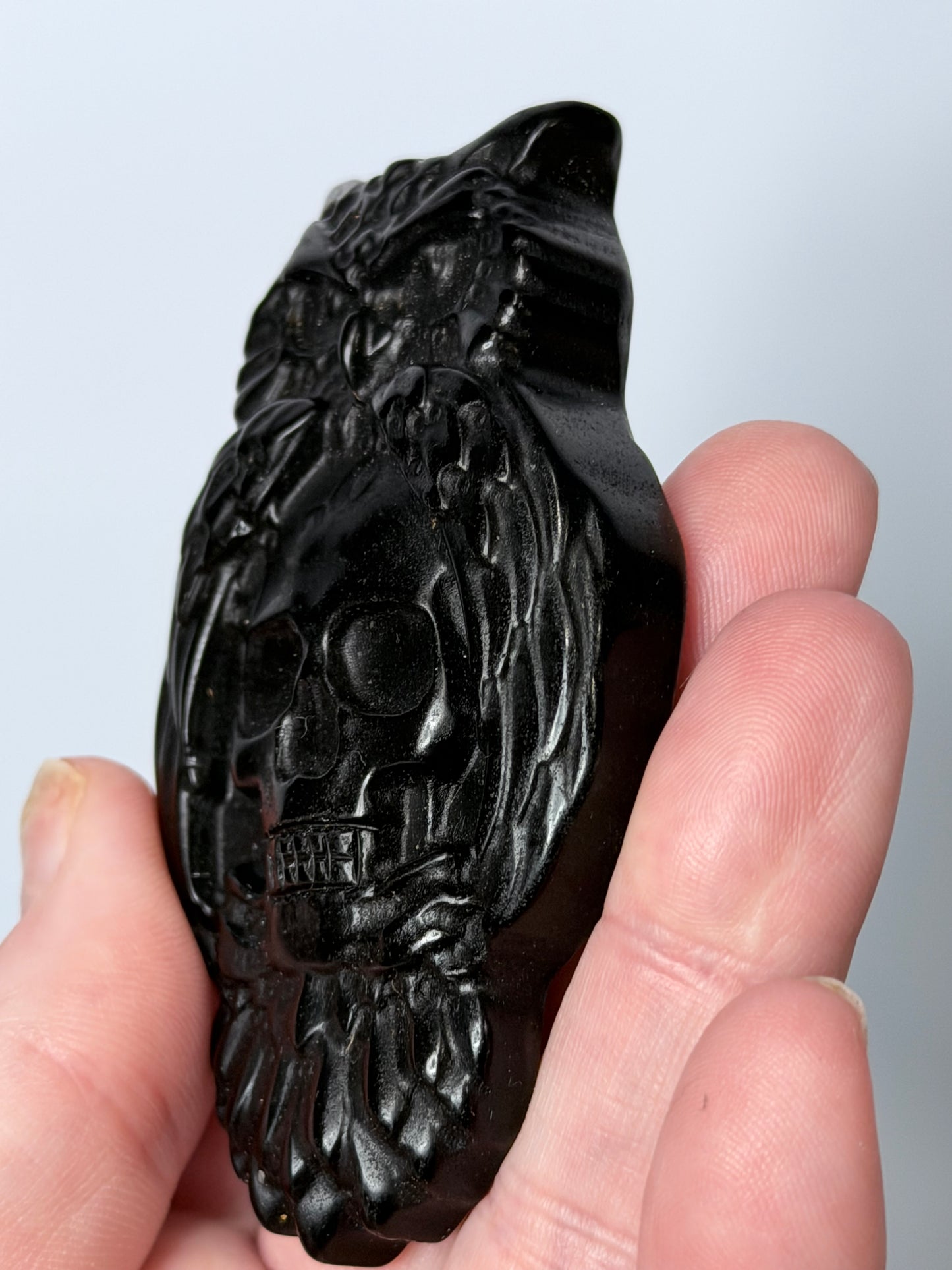 Black Obsidian Owl & Skull Carving with Acrylic Stand – 8cm