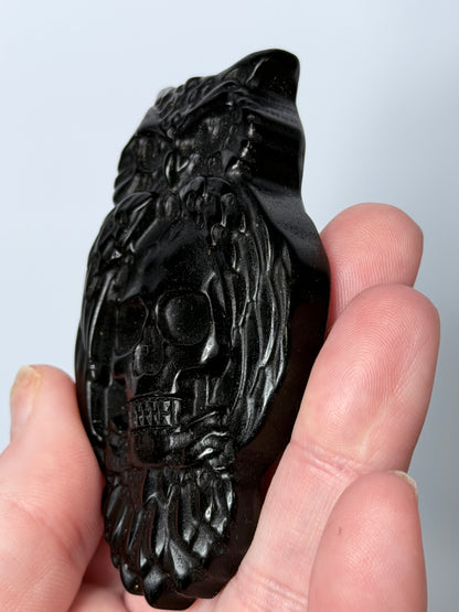 Black Obsidian Owl & Skull Carving with Acrylic Stand – 8cm