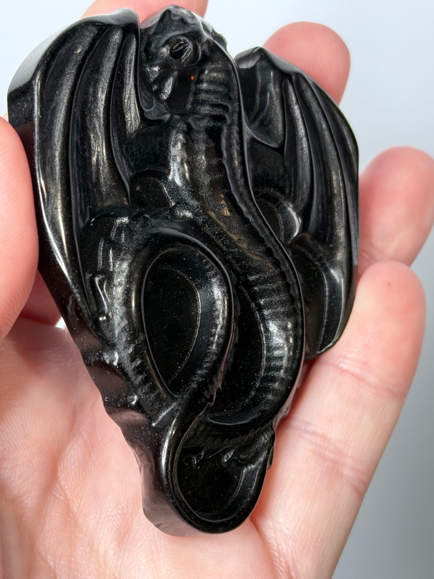 Black Obsidian Dragon Carving with Acrylic Stand – 8cm