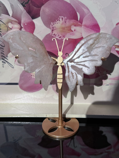 Flower Agate Butterfly on Gold Stand