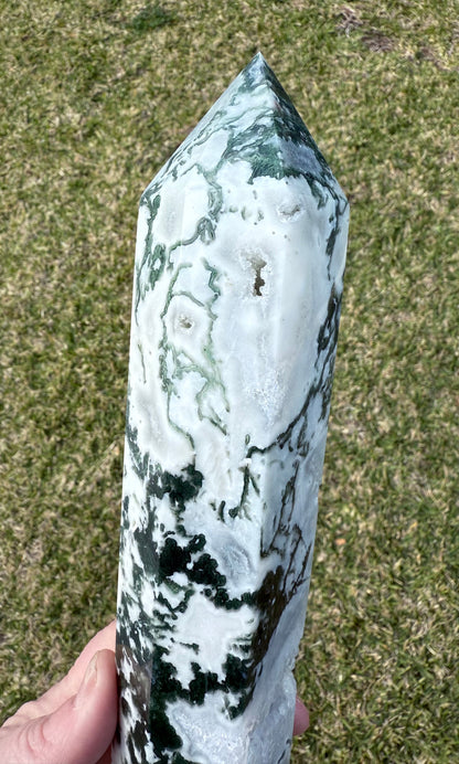 Extra Large Moss Agate Tower with Druzy 35cm 1.4kg